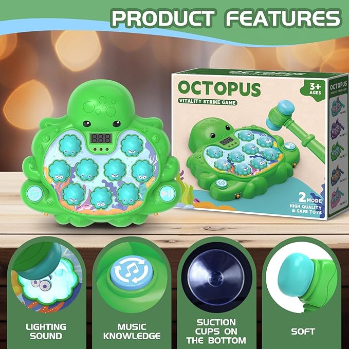 Octopus Vitality Strike Game, Educational Musical Whack-A-Mole Toy with 2 Game Modes, Digital Score Display, Ages 2+ (Green)