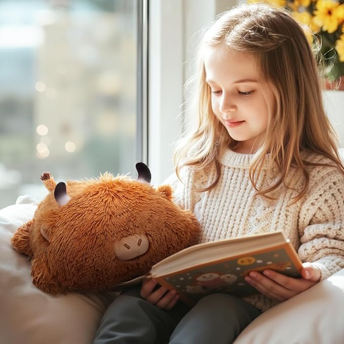Cute Highland Cow Plush Pillow, Kawaii Plushies Highland Cow Stuffed Animals, Squishy Plushies, Cuddle Plush Pillow for Kids & Girls (13 Inch)