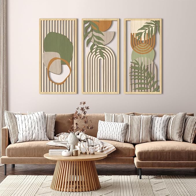 IARTTOP Boho Mid-Century Modern Wood Wall Art 16x32 Inch Large Green Abstract Wood Wall Decor Mid Century Bohemian Artwork for Bedroom Living Room Office Kitchen Set of 3