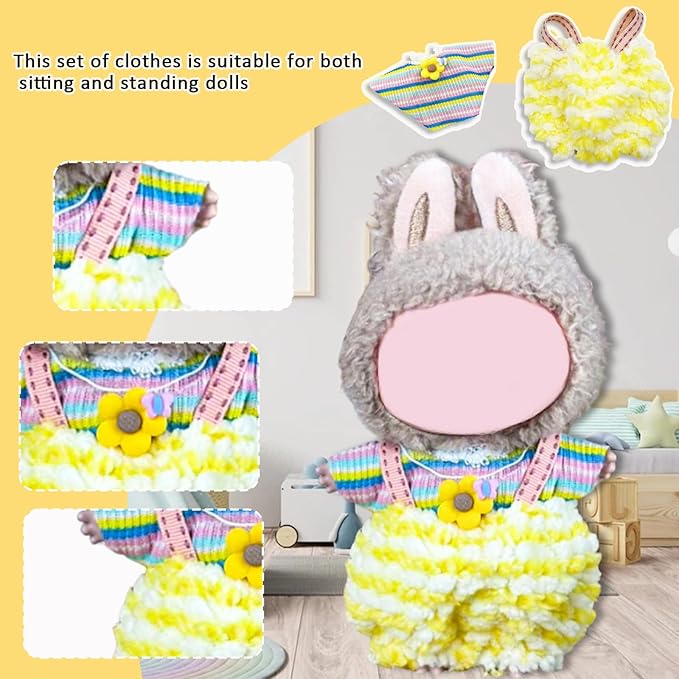 Doll Clothes for Labubu,Cute Outfit for 17cm Doll Clothe 2/3PCS Clothes and Hats Stylish Dolls Clothe for 17 cm Labubu,Casual Style Costumes for Labubu Dolls (Brown and Yellow Overalls)