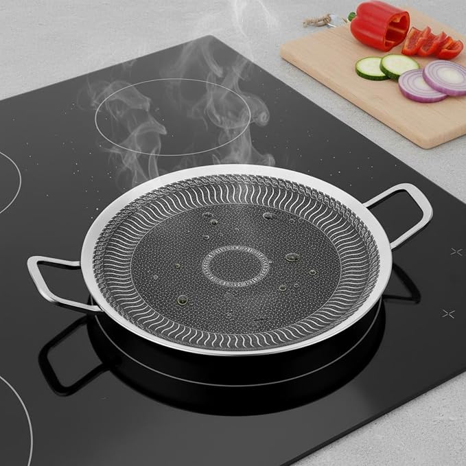 Korean Barbecue Pan Coating Round Stainless Steel Griddle Easy to Clean double Handle Grilling Pan for Camping, Outdoor, 34CM, All Steel