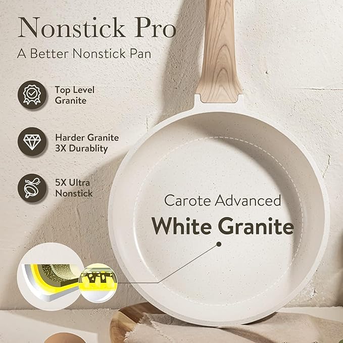 CAROTE 12 Inch Non Stick Frying Pan, Cream White Granite Skillet | Kitchen Healthy Non Toxic Stone Cookware, Induction Compatible, Dishwasher & Oven Safe, PFOA Free