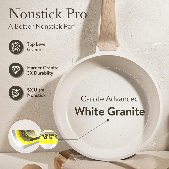 CAROTE Non Stick Frying Pan, 12 Inch Classic Granite Skillet with Glass Lid | Non Toxic Kitchen Stone Cookware, Compatible with All Stovetop, PFOA Free, Cream White
