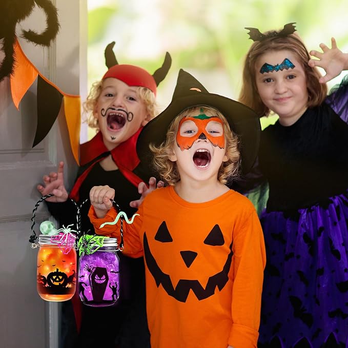 Halloween Crafts for Kids, 12 PCS Mason Jar with Accessories for DIY Craft & Art Party Favor Supplies, Halloween Decoration Trick or Treat, Classroom Art Activities