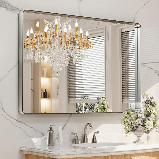 LOAAO 48X32 Inch Brushed Nickel Bathroom Mirror | Rounded Rectangle, Silver Metal Frame, Anti-Rust, Tempered Glass, Hangs Horizontally or Vertically