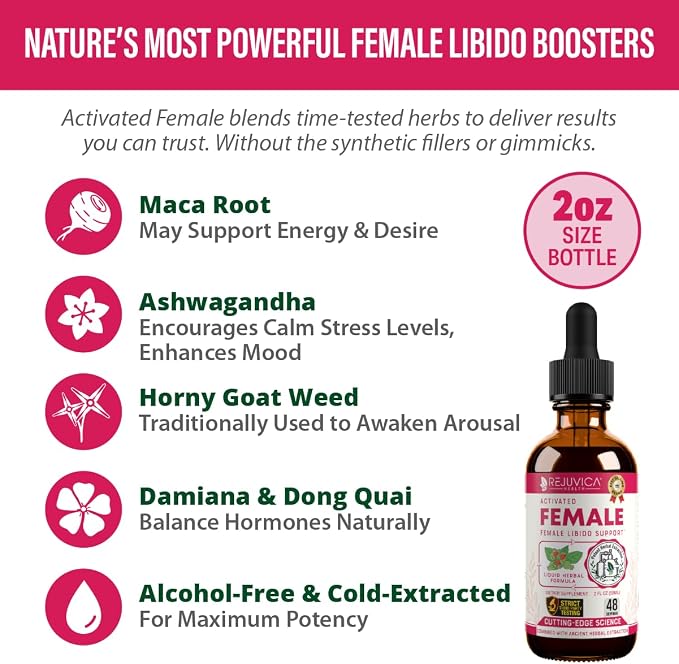 Rejuvica Activated Female Libido Booster Drops for Women | Maca, Horny Goat Weed, Damiana & Ashwagandha | Supports Desire, Intimacy & Overall Wellness | 1+ Month Supply