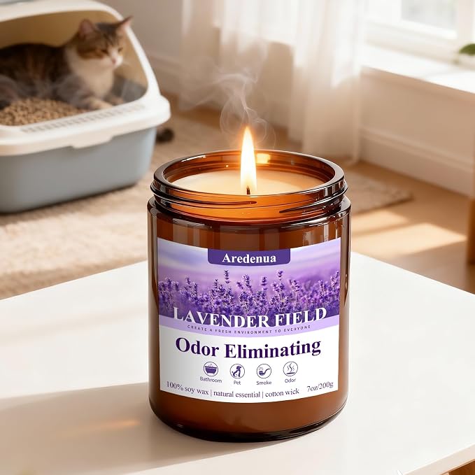 Lavender Odor Eliminating Candles | Eliminates 95% of Pet, Smoke, Food, and Other Smells – 7oz Soy Candle for Home Scented - Aromatherapy Stress Relief Scented Candles - Relaxing Gifts for Calm