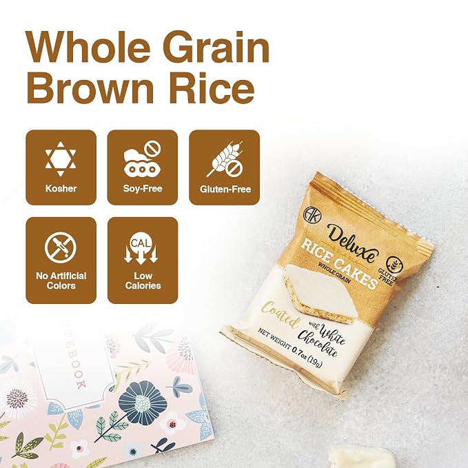 Deluxe & Bla Bla Chocolate Covered Rice Cakes 12 Pack – Whole Grain, Gluten-Free, Kosher, Low-Calorie Snack – Coated with White Chocolate – Healthy & Crunchy Treat – Individually Wrapped, (19g Each)