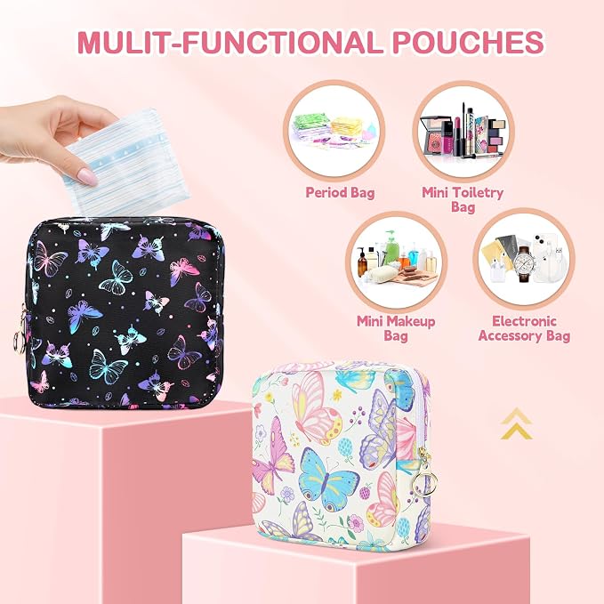 Likesing Period Bag Pouch, Canvas Sanitary Napkin Storage Bag for Girls Womens, Portable Sanitary Napkin Period Pad Pouch Bag for Purse, Small Make Up Bags(Black Butterfly)
