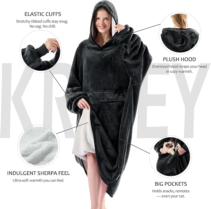 Krifey Big & Tall Wearable Blanket Hoodie with Cat Pocket, Extra Long Oversized Fleece Blanket for Adults, Cozy Birthday Gifts, Christmas Gifts