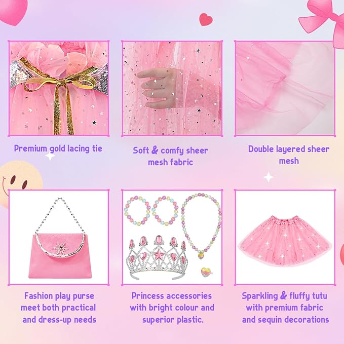 Meland Princess Dress up Clothes for Girl, 11Pcs Princess Cape with Kid Crown Toys,Dresses for Girl 3,4,5,6,7,8 Birthday Gift