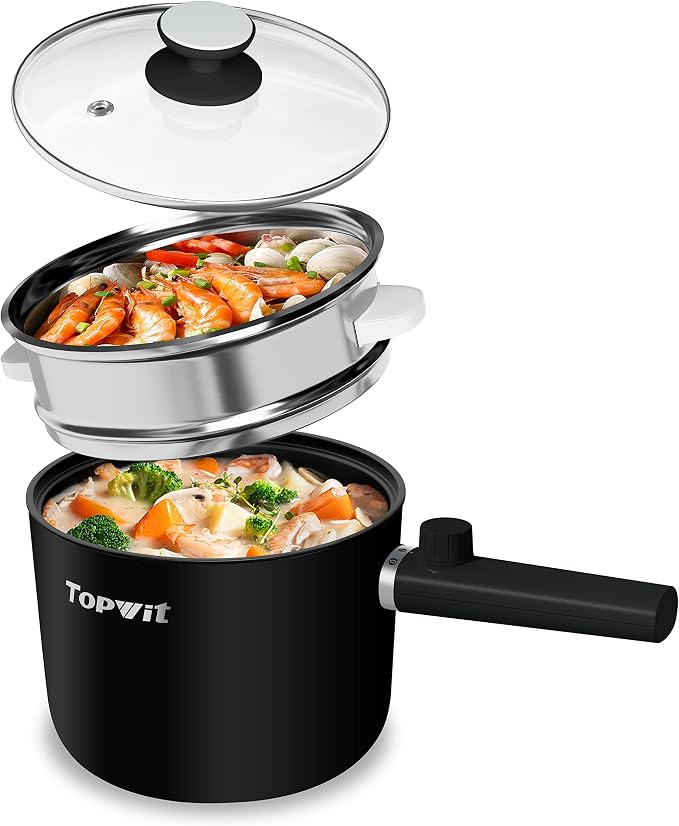 Topwit 1.5L Hot Pot Electric, Portable Ramen Cooker, Non-Stick Frying Pan | BPA-free, Glass Lid, Overheat & Boil-dry Protection, Electric Pot for Pasta, Steak, College Dorm Office Travel Essentials