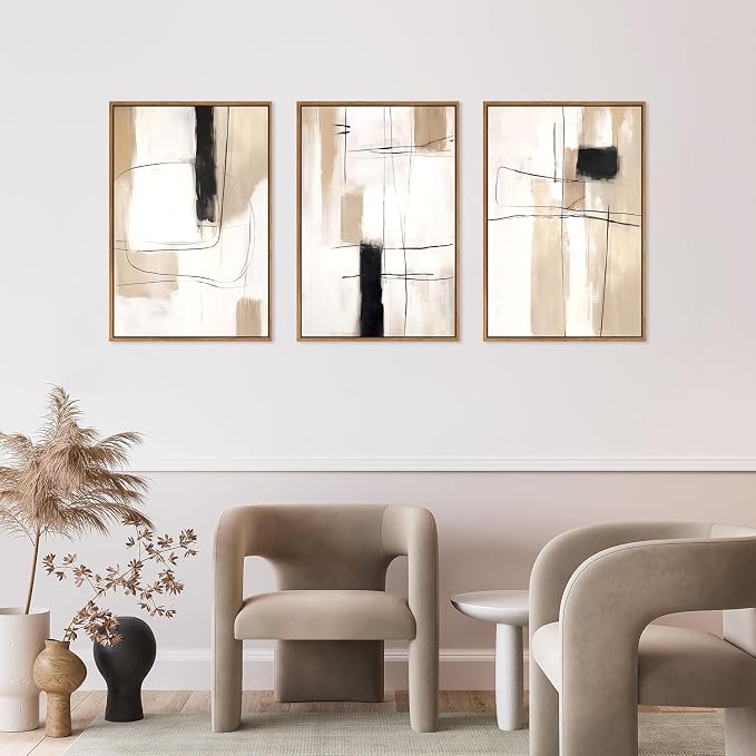 FWIEXA Modern Abstract Canvas Wall Art Set of 3, Framed Neutral Wall Decor, Large Black White Wall Painting, Beige Cream 24x36 Inch Prints Artworks for Living Room, Bedroom, Dining Room, Office