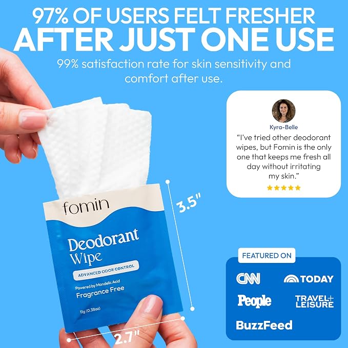 FOMIN Acidified Travel Deodorant Wipes For Women & Men - 50 Count - Fragrance Free - pH Balanced, Mini Deodorant Travel Size Wipe - Plastic-Free, Individually Wrapped Underarm Body Wipes