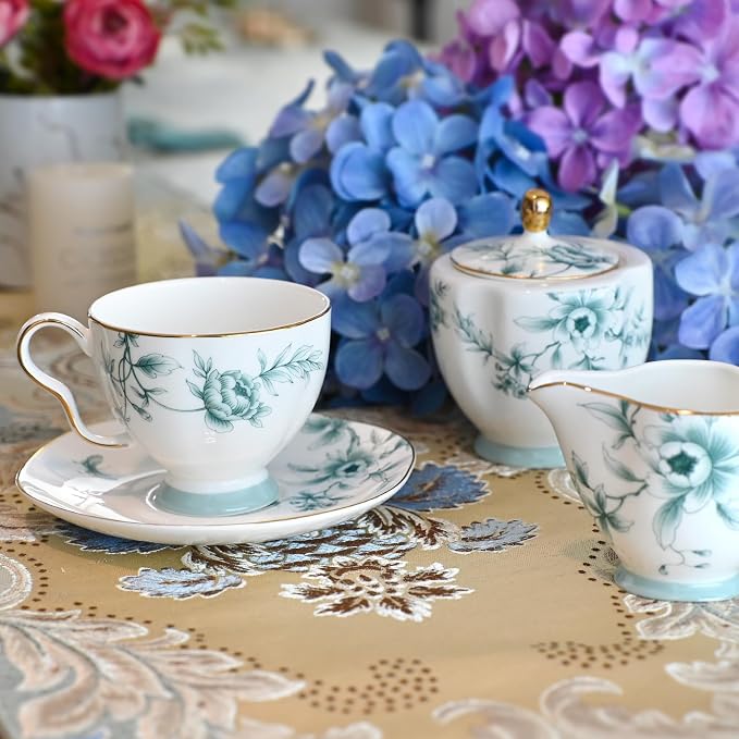 ACMLIFE Tea Set for Adults, Blue and White Bone China Porcelain Tea Set for 6, Vintage Floral Tea Cup Set With Teapot, Tea Party Sets for Women Gift, Mother's Day (Blue-Leaf)
