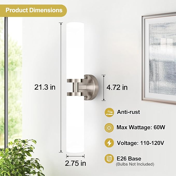 Wall Sconces Set of Two, Brushed Nickel Gold Bathroom Sconces Wall Lighting with Milky White Glass, Hardwired Modern Sconces Wall Decor Set of 2 Bathroom Light Fixtures for Mirror Living Room Bedroom
