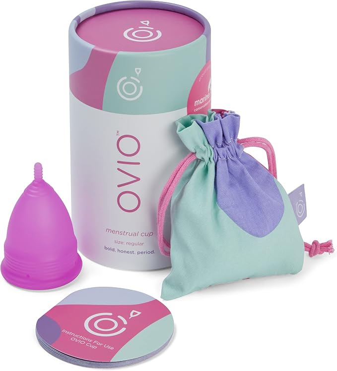 OVIO Menstrual Cup - Reusable Soft and Flexible 100% Medical Grade Silicone Cup with Travel Pouch - Leak Free and Reliable with Size Replacement Guarantee