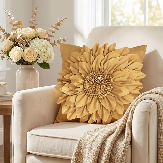Gold Accent 3D Flower Decorative Throw Pillow Covers for Bed Sofa Couch | Bella's Giftshop Handmade Sunflower Taffeta Pillow Cases Living Room Bedroom Decor, 18x18 Inch