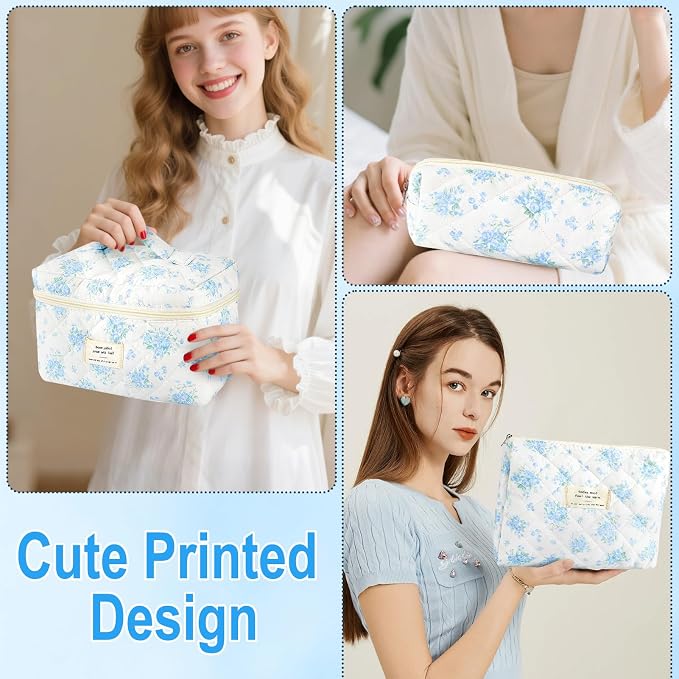 URSKYTOUS 3Pcs Cotton Quilted Makeup Bag for Women Girls Large Small Travel Floral Cosmetic Bags Set Cute Coquette Zipper Makeup Pouch for Purse Aesthetic Cloth Flower Storage Toiletry Bag Organizer