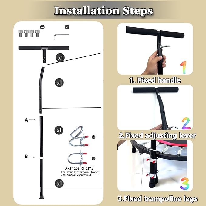 Trampoline Handle Bar Rebounder Handle Bar for Round Fitness Trampolines Fits Foot Tubes up to 0.98IN-1.25IN Diameter (Trampoline not Included) Non-Slip Comfortable Handles