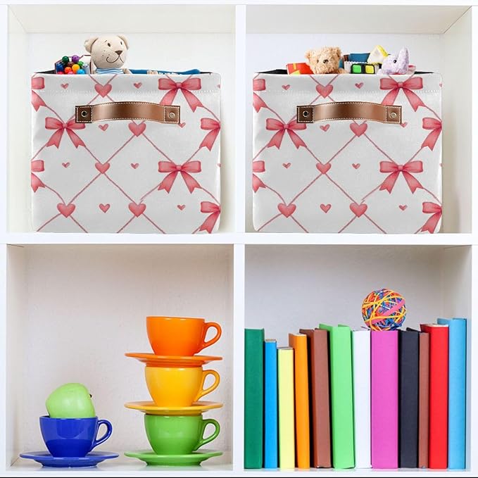 Aslsiy Storage Basket Watercolor Pink Bows Hearts Nursery Bins Baby Box Canvas Clothes Shelf Basket Laundry Hamper 1 Pcs
