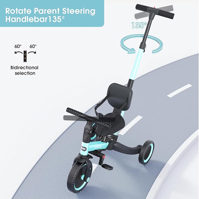 newyoo Tricycles for 1-3 Year Olds, Toddler Bike, Birthday Gift and Toy for Boys and Girls, Toddler Tricycle with Parent Push Handle, Trike with Backrest and Safety Belt, Blue, TR007