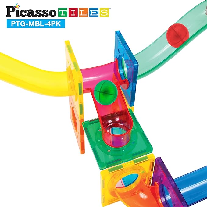 PicassoTiles 4pc Marbles for Magnetic Block Tiles Marble Run Race Track Magnet Building Tile Blocks Racetrack Maze Construction Toys Creative Toy Girls Boys 3 and Up Early Education STEM Learning Kit