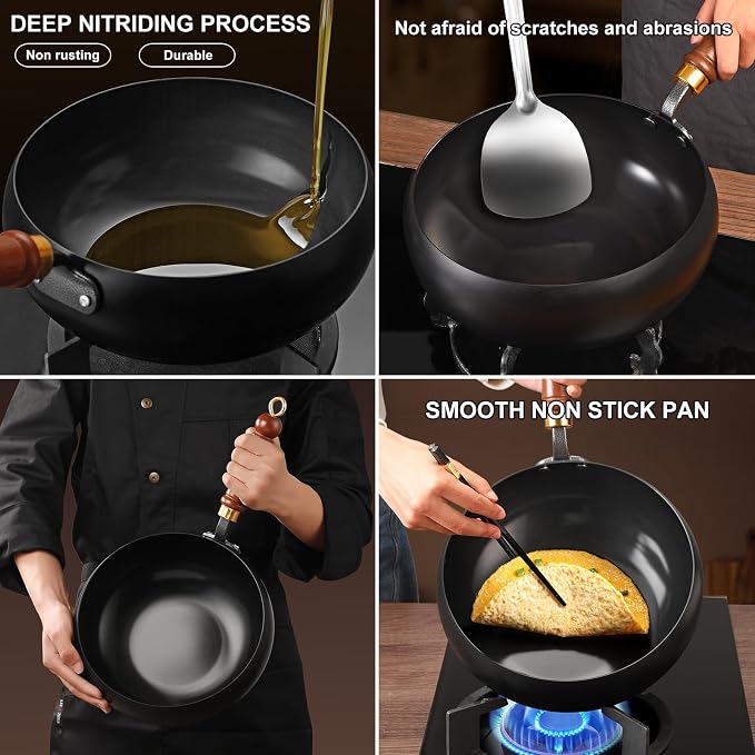 Carbon Steel Wok Pan, 9.4 INCH Nonstick Pre-Seasoned Woks & Stir-Fry Pans with Lid, No Chemical Coating Wok Flat Bottom Small Handmade Chinese Wok for Induction, Gas, Electric & All Stoves