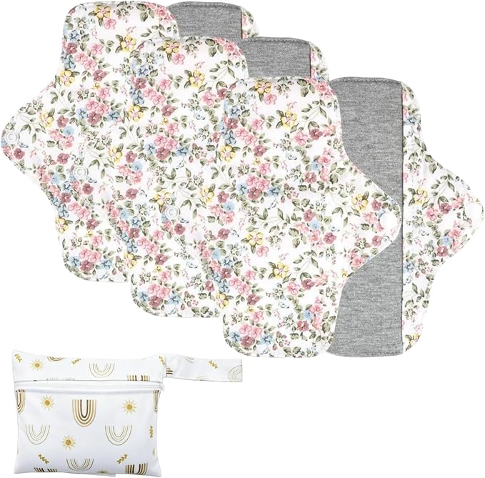 Washable Menstrual Pads,Reusable Incontinence Pads,Panty Liners Pads,Period Pads Sanitary Napkins,with 1 Storage Bag,for Women Postpartum/Incontinence Patients(Graphene Pink flower/S/6pcs)