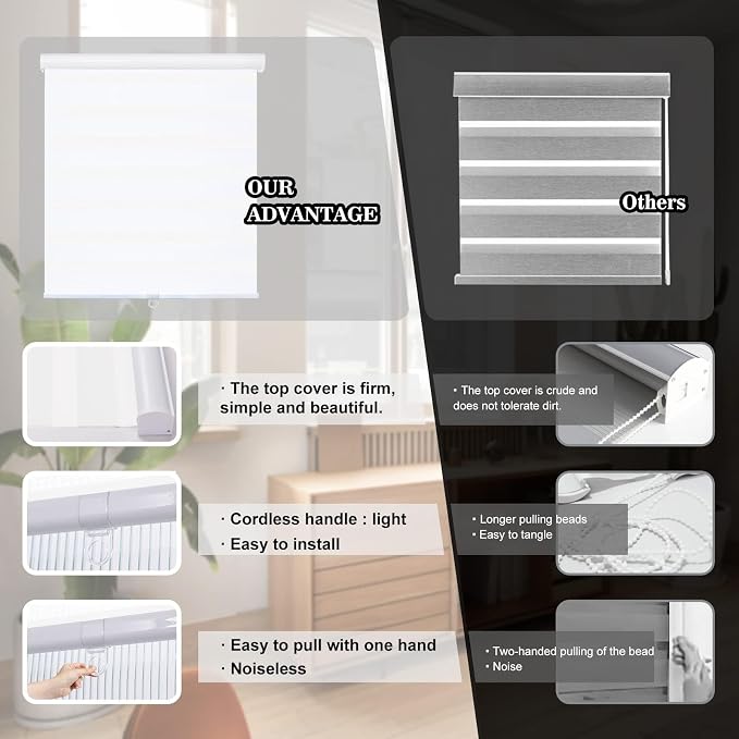 AOSKY Zebra Blinds for Windows Cordless Roller Shades for Home Free-Stop Windows Shades Dual Layer Light Control for Day and Night Easy to Install (42" W X 72" H, White)