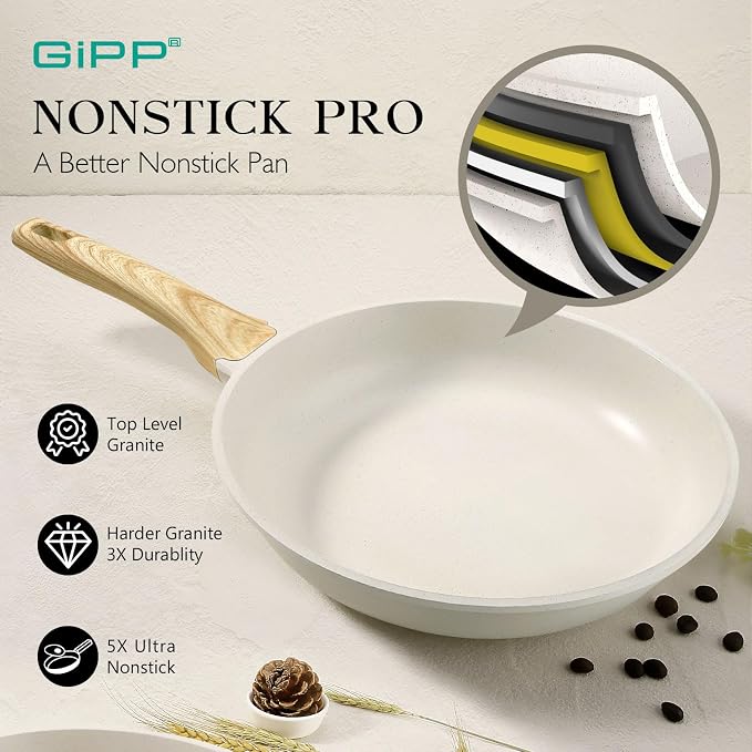 GiPP Non Stick Frying Pan Set - 9.5" 10.2" 11" Granite Nonstick Pan Skillet, Non Toxic Pans for Cooking, Omelette Pans with Stay Cool Handle, Induction Compatible, PFAS/PTFE/PFOA Free, White