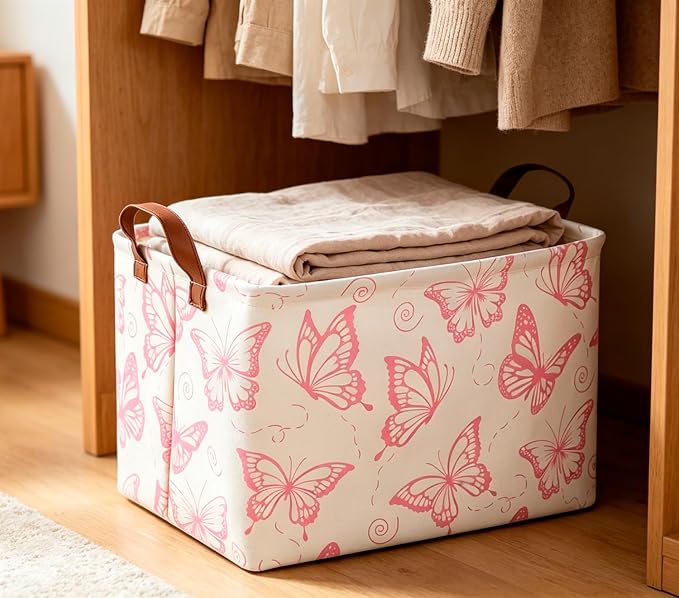 CLOCOR Rectangular Fabric Storage Bin, Waterproof Storage Box with Handles(Pink Butterfly)