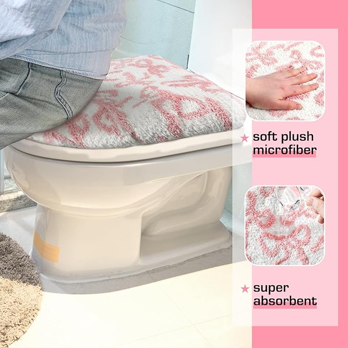Pink Bow Toilet Lid Cover Washable Coquette Cute Plush Toilet Cover for Bathroom Decor Soft Microfiber 17.5 x 15 Inch Non Slip Rubber Backing Fits Most Round, Elongated