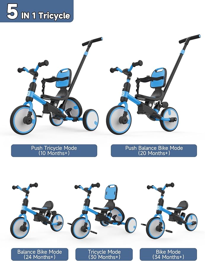 besrey Toddler Bike 1-3 Years Old,Toddler Tricycle with Spare Wheel,5 in 1 Kids Trike with Push Handle,Backrest and Safety Belt,Balance Bike 1+ Year Old,Birthday Gift and Toy for Boys and Girls
