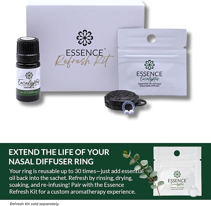 Essence Wearable Aromatherapy Nasal Diffuser – Eucalyptus Essential Oil Nose Ring Silicone Inhaler for Stress & Mood Support - Made in USA & Travel-Friendly (3 Pack)
