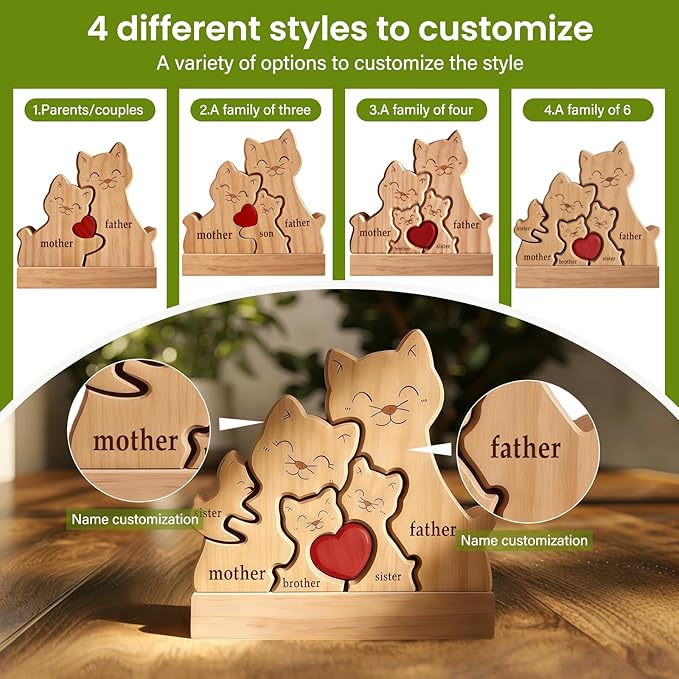 Personalized Wooden Cat Family Puzzle with 2-5 Names - Custom Kittens Art Figurine with Red Heart - Cute Animal Statue Gift for Cat Lover Mom Grandma Birthday Christmas Housewarming Decor