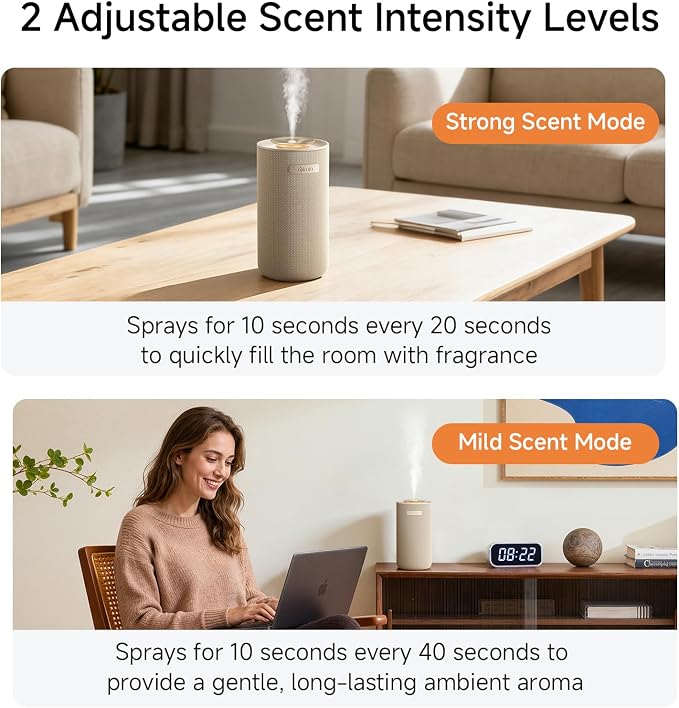 Waterless Essential Oil Diffuser with Vibration-Activated Auto Start-Stop for Car, Portable Rechargeable Cordless Small Oil Diffuser for Home, 2 Scent Settings, Fits 5/10/15ml Oil Bottles, Cream White