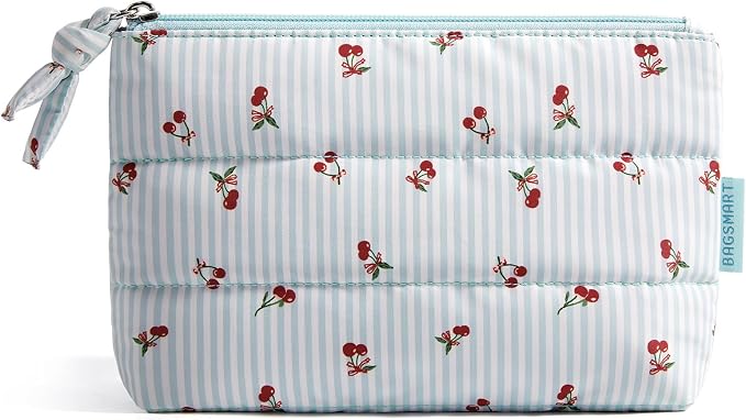 BAGSMART Small Makeup Bag, Puffy Portable Cosmetic Pouch with Charm Zipper, Water-Resistant Travel Organizer for Women (Ditsy Cherry Print, Small)