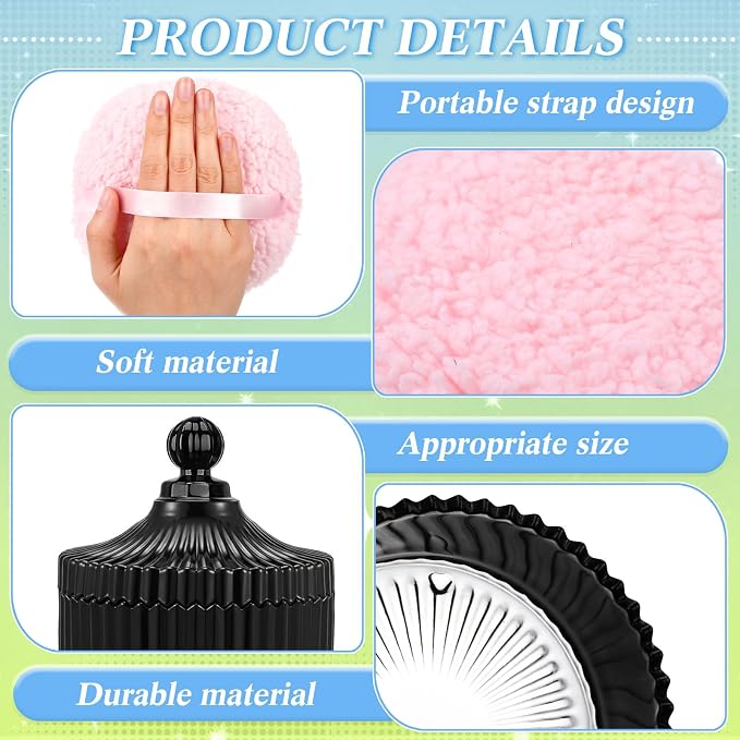Extra Large Body Powder Puff and Container, 5.5'' Crystal Container with 5.3'' Oversize Dust Powder Puff Washable Reusable Face Body Glitter Wet Dry Makeup Gift(Black)