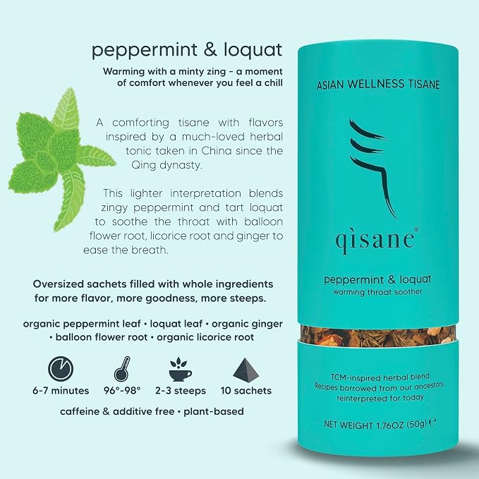 qìsane Organic Peppermint Tea Bags with Loquat Leaves - Whole Organic Peppermint Leaves, Loquat, Organic Ginger Root & Balloon Flower Roots - Herbal Tea for Cough Support & Easy Breathing - 10 sachets (~30 cups)