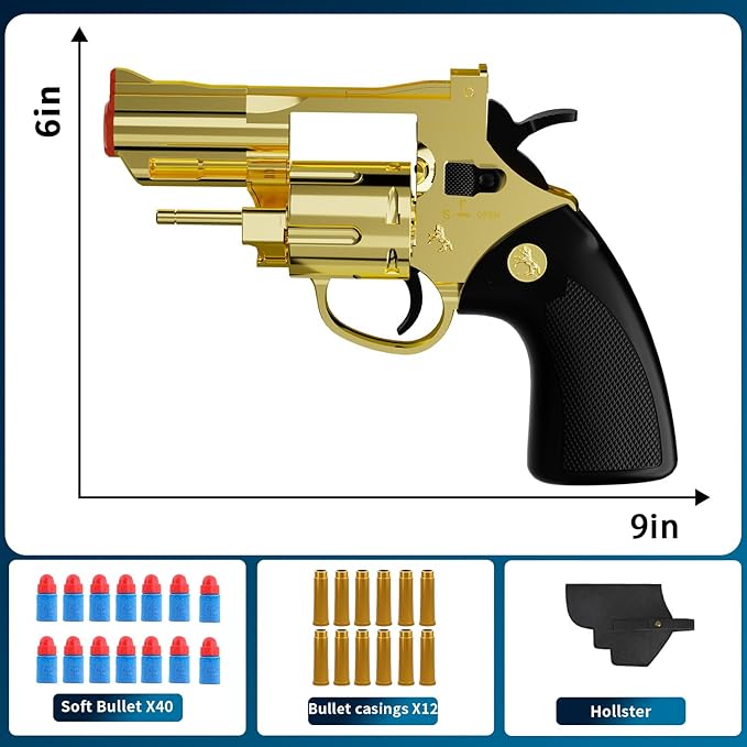 Toy Gun Soft Bullet Toy Revolver, Can fire Sponge Bullets,with 40 Bullets,for Age of 6 7 8 9 10+ Years Old Kid Boys Girls（Gold）