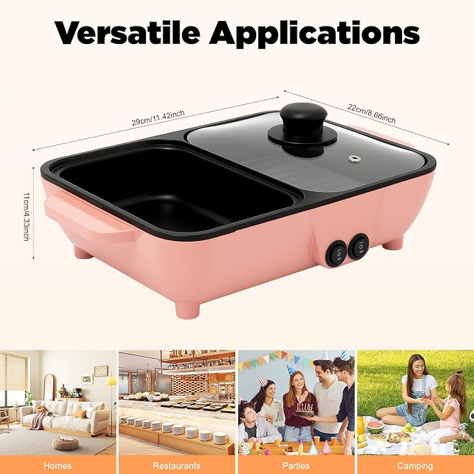 Electric Hot Pot with Grill 2 in 1 Korean BBQ Grill Indoor Cooking Electric Shabu Shabu Pot Indoor Smokeless Grill, Non-stick & Independent Dual Temperature Control (Pink+Black)