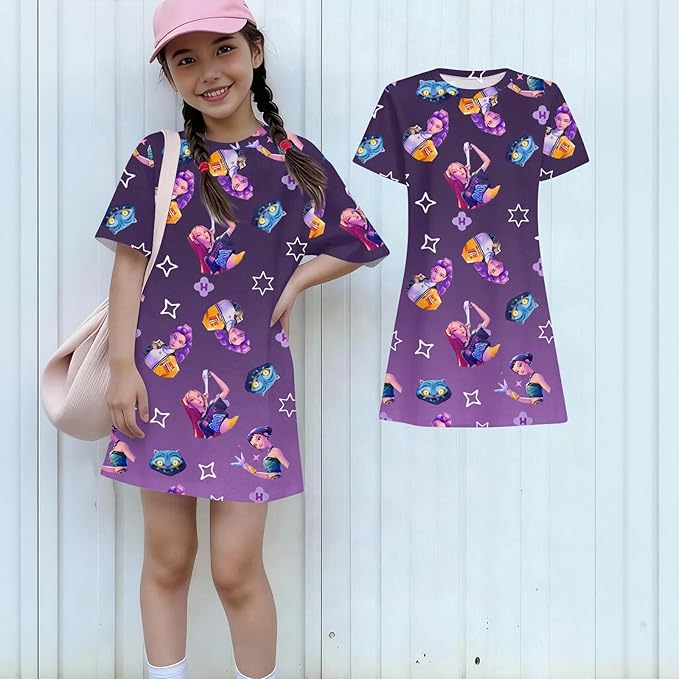 Girl's Anime K-POP Graphic Long Dress T-Shirt - Casual Loose Fit Short Sleeve Top