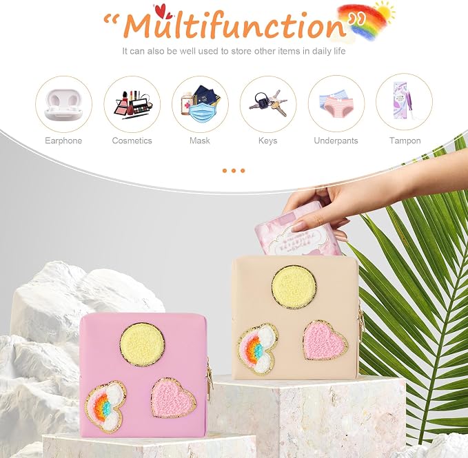 2 Pack Period Bag, PU Leather Sanitary Napkin Storage Bag for Feminine Pads Liners Tampons and Reusable Pads,Functional Sanitary Pads Pouches First Period Kit for Women Ladies Gift