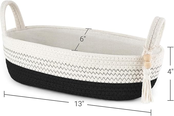 Mkono Toilet Paper Basket, Boho Bathroom Decor, Small Storage Organizer | Black and White, 13"L x 6"W, Back of Toilet Basket, Decorative Woven Tray with Handles, Space-Saving, Living Room Bedroom
