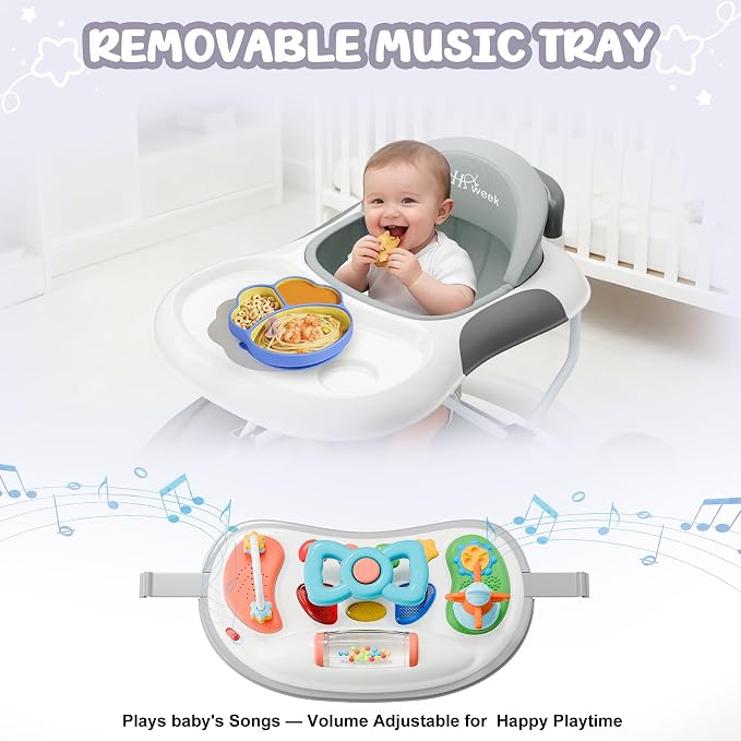 5-in-1 Foldable Baby Walker，Music and Lights Baby Walker with Wheels,Height Adjustable Infant Walker, with Activity Center, Rocker, Bouncer,Push Walker & Feeding Tray for Babies 6-18 Months (Gray)