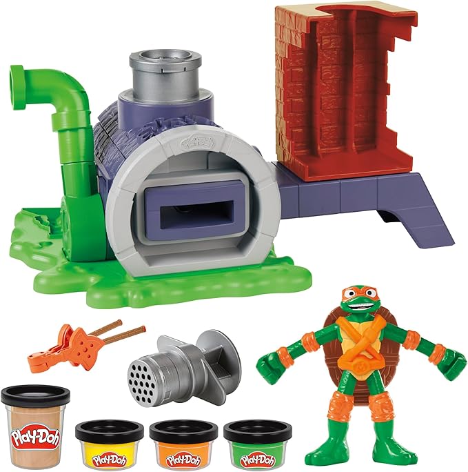 Play-Doh Teenage Mutant Ninja Turtles Slice & Blast Pizza Playset, Bendy 4 Inch Mikey Action Figure, Kids Arts & Crafts, TMNT Toys for Boys & Girls 4+