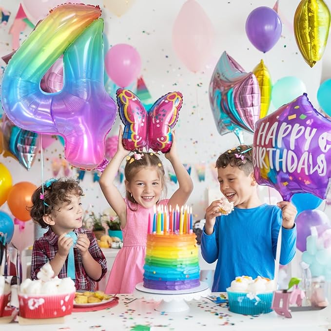 Foil 4 Balloon, Rainbow Number 4 Balloons for Kids Birthday Party Decor, 40'' Mylar Helium Self Inflating Multicolor Colorful Number Four Balloon for Girls 4th Birthday Party Anniversary Decorations