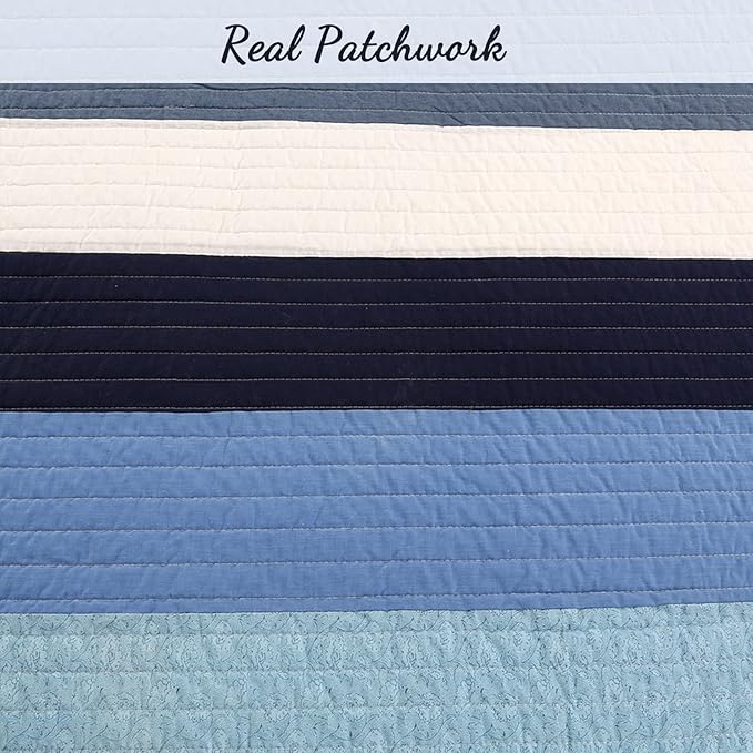 Cozy Line Home Fashions Navy Blue Striped Boy 100% Cotton Reversible Quilt Bedding Set, All-Season Coverlet Bedspread (Preston, Twin - 2 Piece)