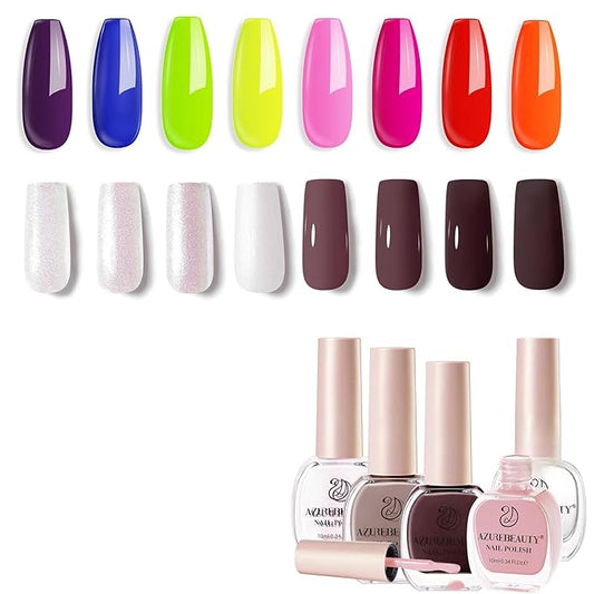 AZUREBEAUTY Nail Polish Set 4 Colors Fall Winter Brown Pink Glitter Nail Polish Quick Dry Natural Nail Lacquer Fingernail Kit with Top Coat DIY